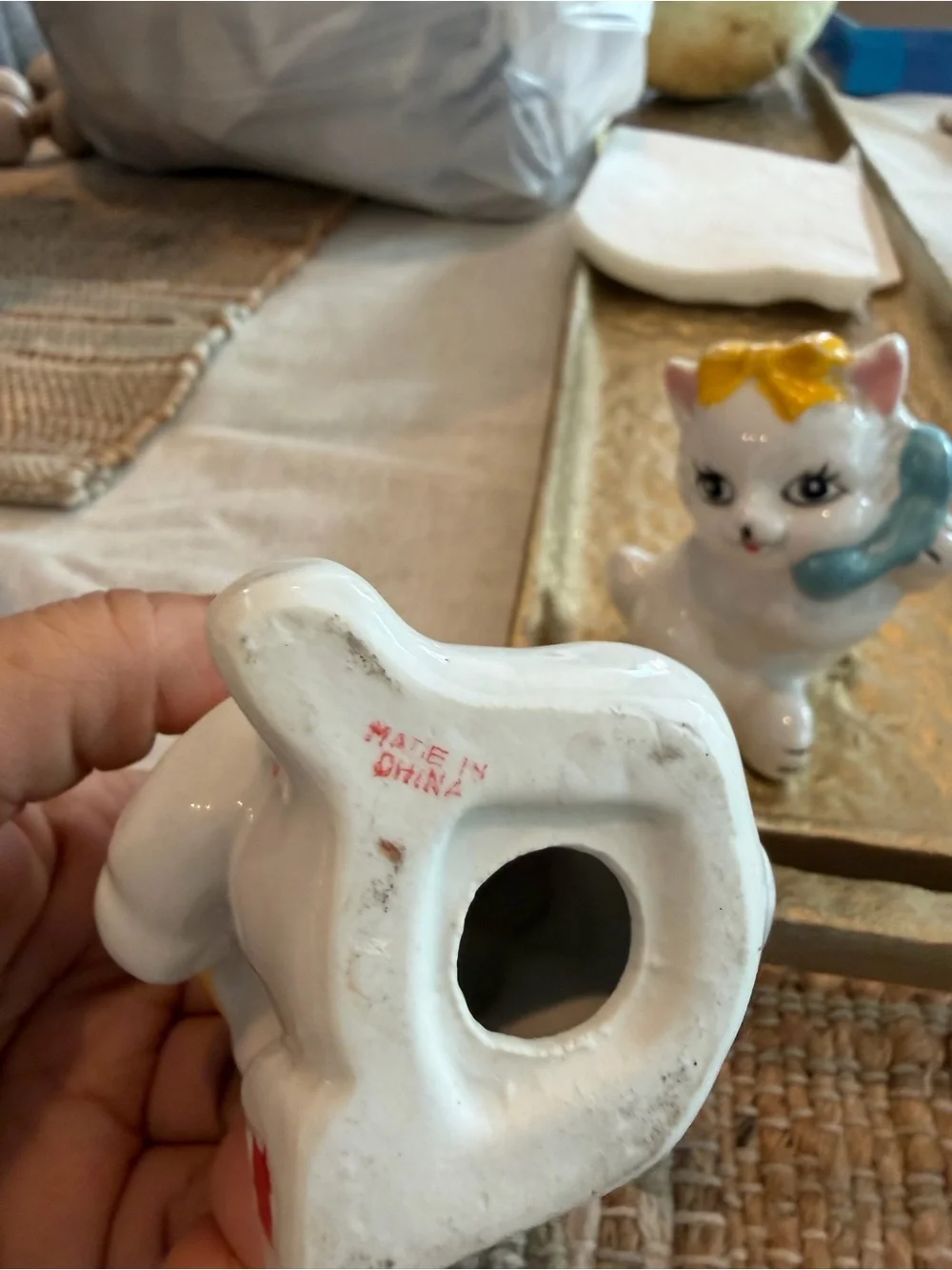 White Ceramic Cat Figurines with Yellow & Blue Accents - Pair